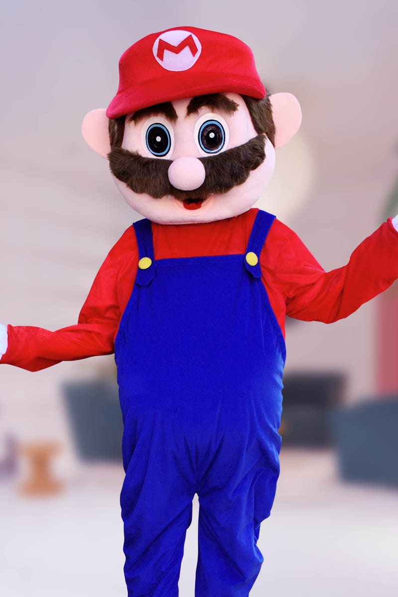 Mario mascot character posing at gaming birthday party in Chicago